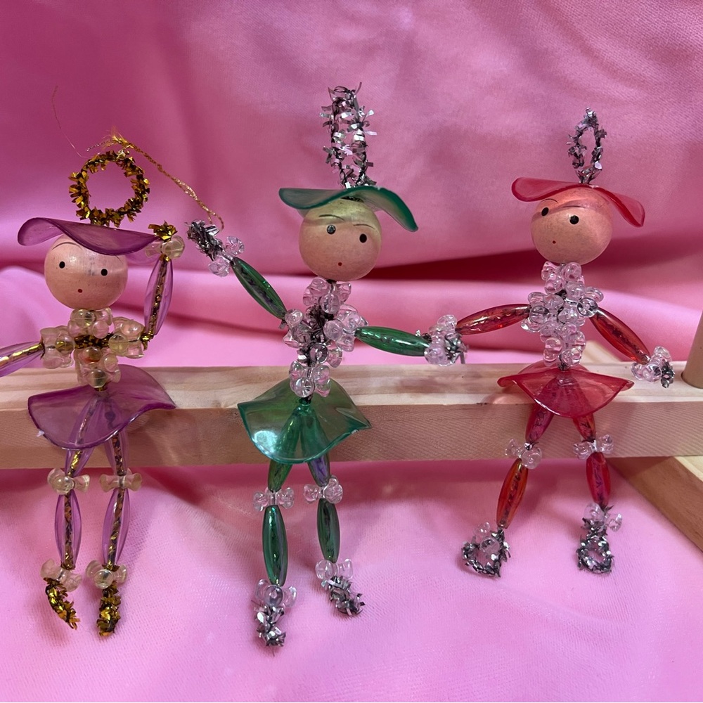 3 Vintage Beaded Doll Ornaments Christmas